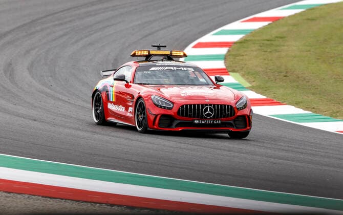 Motorsports FIA Formula One World Championship 2020, Grand Prix of Toscana, F1 Safety Car, Mercedes AMG GT R with new red varnish Mugello Italy