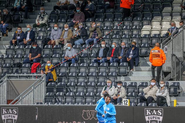 Eupen s supporters pictured before a soccer match between KAS Eupen and KAA Gent, Friday 11 September 2020 in Eupen, on day 5 of the Jupiler Pro League first division of the Belgian championship. BRUNOxFAHY  x2541477x