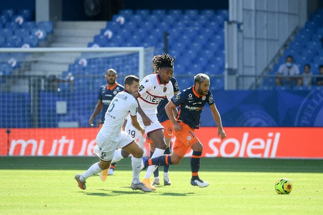 06 MORGAN SCHNEIDERLIN (NICE) - 19 KHEPHREN THURAM (NICE) - 11 TEJI SAVANIER (MHSC) FOOTBALL : Montpellier vs Nice - Ligue 1 Uber Eats - 12 09 2020 FEP Panoramic 