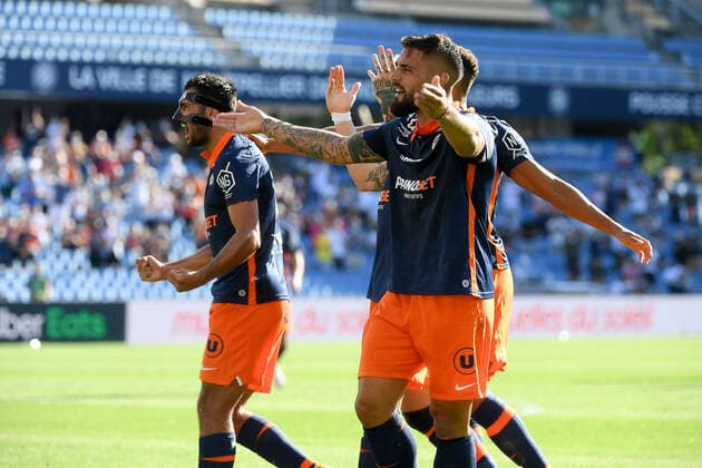 JOIE - FAIR PLAY - 10 GAETAN LABORDE (MHSC) - 09 ANDY DELORT (MHSC) FOOTBALL : Montpellier vs Nice - Ligue 1 Uber Eats - 12 09 2020 FEP Panoramic 