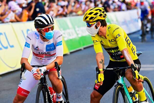 LYON, FRANCE - SEPTEMBER 12 : ROGLIC Primoz (SLO) of TEAM JUMBO - VISMA and POGACAR Tadej (SLO) of UAE TEAM EMIRATES during stage 14 of the 107th edition of the 2020 Tour de France cycling race, a stage of 170 kms with start in Clermont-Ferrand and finish in Lyon on September 12, 2020 in Lyon, France, 12 09 2020 CYCLISME : Tour de France - Etape 14 - Clermont-Ferrand a Lyon - 12 09 2020 PhotoNews Panoramic 