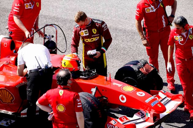 Motorsports FIA Formula One World Championship 2020, Grand Prix of Tuscany, Mick Schumacher GER prepares to drive the Ferrari F2004 of his father Michael Schumacher Scarperia Italy