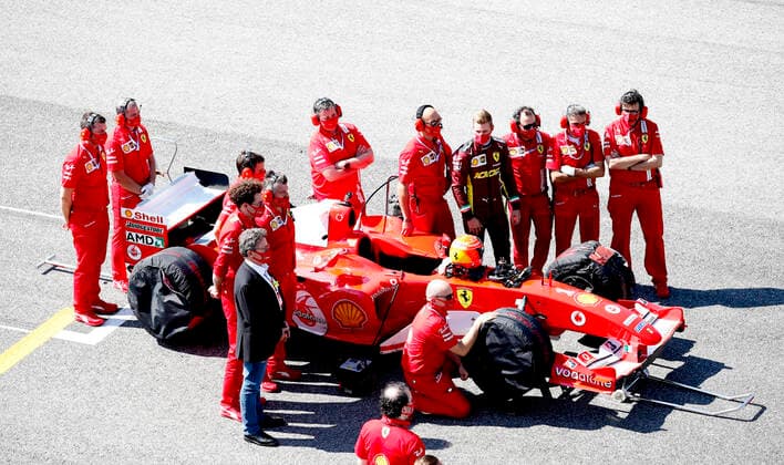 Motorsports FIA Formula One World Championship 2020, Grand Prix of Tuscany, Mick Schumacher GER prepares to drive the Ferrari F2004 of his father Michael Schumacher, Louis Camilleri, Mattia Binotto ITA, Scuderia Ferrari Mission Winnow , Scarperia Italy