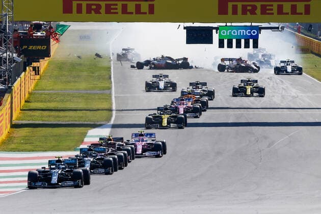 Motorsports FIA Formula One World Championship 2020, Grand Prix of Tuscany, Crash at the restart between 99 Antonio Giovinazzi ITA, Alfa Romeo Racing ORLEN , 20 Kevin Magnussen DEN, Haas F1 Team , 6 Nicholas Latifi CAN, Williams Racing , 55 Carlos Sainz ESP, McLaren F1 Team , Scarperia Italy