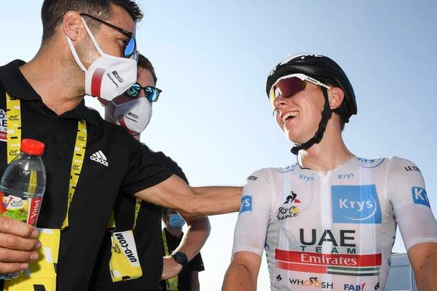 GRAND COLOMBIER, FRANCE - SEPTEMBER 13 : POGACAR Tadej of UAE-Team Emirates celebrates after stage 15 of the 107th edition of the 2020 Tour de France cycling race, a stage of 174,5 kms with start in Lyon and finish in Grand Colombier on September 13, 2020 in Grand Colombier, France, 13 09 2020 CYCLISME : Tour de France - Etape 15 - Lyon a Grand Colombier - 13 09 2020 PhotoNews Panoramic 