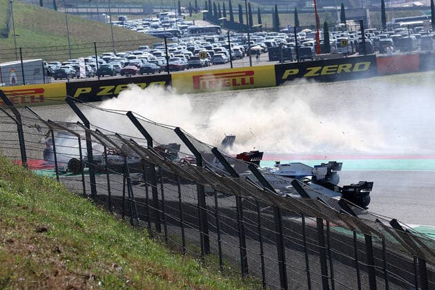 Formula 1 Pirelli Gran Premio Della Toscana Ferrari 1000 2020 13 09 2020, Autodromo Internazionale del Mugello, Mugello, Formula 1 Pirelli Gran Premio Della Toscana Ferrari 1000 2020,in picture accident between Kimi Raikkonen FIN 7 , Alfa Romeo Racing ORLEN, Pierre Gasly FRA 10 , Scuderia AlphaTauri Honda, Romain Grosjean FRA 8 , Haas F1 Team, Max Verstappen NEL 33 , Aston Martin Red Bull Racing nordphotoxBratic nph00250