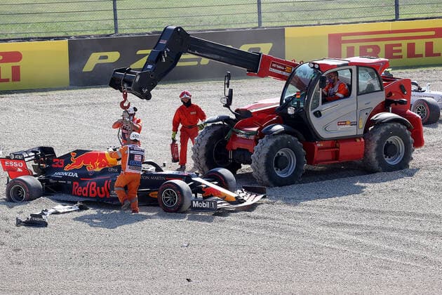 Formula 1 Pirelli Gran Premio Della Toscana Ferrari 1000 2020 13 09 2020, Autodromo Internazionale del Mugello, Mugello, Formula 1 Pirelli Gran Premio Della Toscana Ferrari 1000 2020,in the picture accident between Kimi Raikkonen FIN 7 , Alfa Romeo Racing ORLEN, Pierre Gasly FRA 10 , Scuderia AlphaTauri Honda, Romain Grosjean FRA 8 , Haas F1 Team, Max Verstappen NEL 33 , Aston Martin Red Bull Racing Max Verstappen NEL 33 , Aston Martin Red Bull Racing retires nordphotoxBratic nph00250