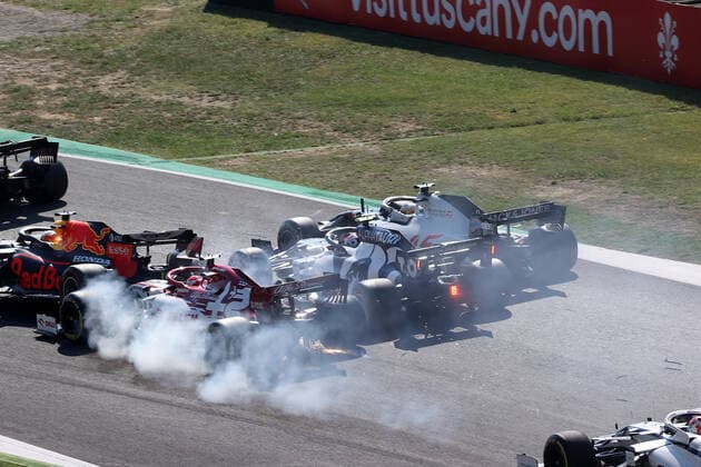 Formula 1 Pirelli Gran Premio Della Toscana Ferrari 1000 2020 13 09 2020, Autodromo Internazionale del Mugello, Mugello, Formula 1 Pirelli Gran Premio Della Toscana Ferrari 1000 2020,in picture accident between Kimi Raikkonen FIN 7 , Alfa Romeo Racing ORLEN, Pierre Gasly FRA 10 , Scuderia AlphaTauri Honda, Romain Grosjean FRA 8 , Haas F1 Team, Max Verstappen NEL 33 , Aston Martin Red Bull Racing nordphotoxBratic nph00250