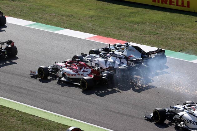 Formula 1 Pirelli Gran Premio Della Toscana Ferrari 1000 2020 13 09 2020, Autodromo Internazionale del Mugello, Mugello, Formula 1 Pirelli Gran Premio Della Toscana Ferrari 1000 2020,in picture accident between Kimi Raikkonen FIN 7 , Alfa Romeo Racing ORLEN, Pierre Gasly FRA 10 , Scuderia AlphaTauri Honda, Romain Grosjean FRA 8 , Haas F1 Team, Max Verstappen NEL 33 , Aston Martin Red Bull Racing nordphotoxBratic nph00250