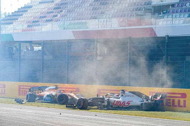 Motorsports FIA Formula One World Championship 2020, Grand Prix of Tuscany, 55 Carlos Sainz ESP, McLaren F1 Team and 20 Kevin Magnussen DEN, Haas F1 Team after crash Scarperia Italy
