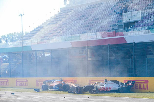 Motorsports FIA Formula One World Championship 2020, Grand Prix of Tuscany, 55 Carlos Sainz ESP, McLaren F1 Team and 20 Kevin Magnussen DEN, Haas F1 Team after crash Scarperia Italy