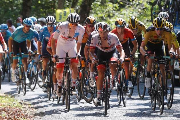 GRAND COLOMBIER, FRANCE - SEPTEMBER 13 : POGACAR Tadej (SLO) of UAE TEAM EMIRATES and POLANC Jan (SLO) of UAE TEAM EMIRATES during stage 15 of the 107th edition of the 2020 Tour de France cycling race, a stage of 174,5 kms with start in Lyon and finish in Grand Colombier on September 13, 2020 in Grand Colombier, France, 13 09 2020 CYCLISME : Tour de France - Etape 15 - Lyon a Grand Colombier - 13 09 2020 PhotoNews Panoramic 