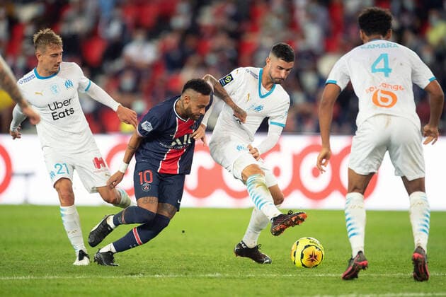 (200914) -- PARIS, Sept. 14, 2020 -- Neymar Jr (2nd L) of Paris Saint-Germain vies with Valentin Rongier of Olympique de Marseille during the Ligue 1 match at Parc des Princes in Paris, France, Sept. 13, 2020. (Photo by Jack Chan Xinhua) (SP)FRANCE-PARIS-FOOTBALL-PSG VS MARSEILLE JiexKe¡¤chen 