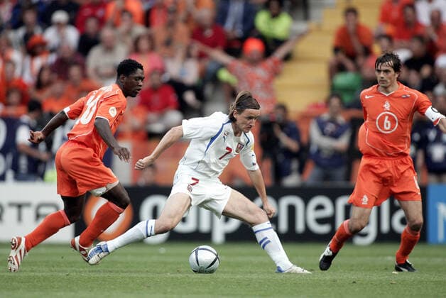 Clarence Seedorf, Vladimir Smicer & Philip Cocu Holland V Czech Republic Holland V Czech Republic Municipal Stadium, Aveiro, Portugal 19 June 2004  Copyright: Allstar RichardxSelle 12831082
