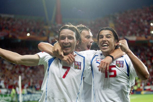 Vladimir Smicer, Marek Jankulovski & Milan Baros Celebrate Winning Goal Holland V Czech Republic Holland V Czech Republic Municipal Stadium, Aveiro, Portugal 19 June 2004  Copyright: Allstar RichardxSelle 12831129