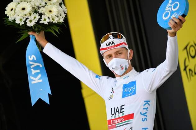 CHAMPAGNOLE, FRANCE - SEPTEMBER 18 : POGACAR Tadej (SLO) of UAE TEAM EMIRATES pictured with the white jersey during the podium ceremony after stage 19 of the 107th edition of the 2020 Tour de France cycling race, a stage of 166,5 kms with start in Bourg-en-Bresse and finish in Champagnole on September 18, 2020 in Champagnole, France, 18 09 2020 CYCLISME : Tour de France - Etape 19 -Bourg-en-Bresse a Champagnole - 18 09 2020 PhotoNews Panoramic 