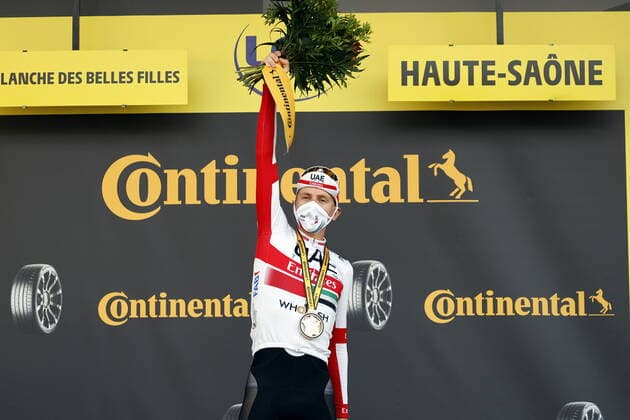 Tadej Pogacar of UAE Team Emirates celebrates on the podium after winning stage 20 of the 107th edition of the Tour de France cycling race, a 36,2km individual time trial from Lure to La Planche des Belles Filles, in France, Saturday 19 September 2020. This year s Tour de France was postponed due to the worldwide Covid-19 pandemic. The 2020 race starts in Nice on Saturday 29 August and ends on 20 September.  x2547085x