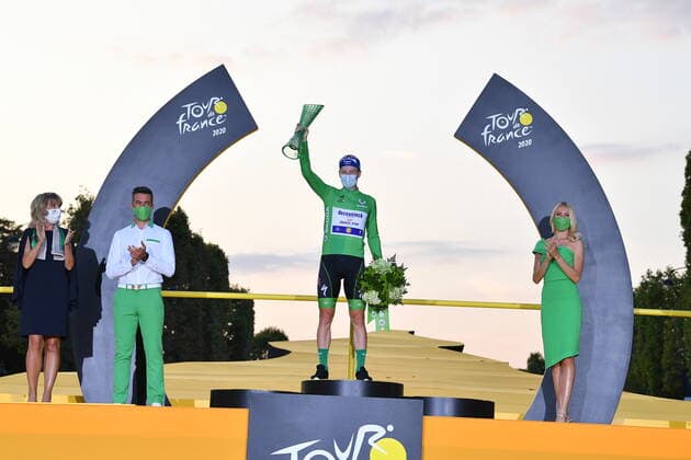 Sam Bennett of Deceuninck - Quick - Step celebrates on the podium, wearing the green jersey after the final stage of the 107th edition of the Tour de France cycling race, 122km from Mantes-la-Jolie to Paris, in France, Sunday 20 September 2020. This year s Tour de France was postponed due to the worldwide Covid-19 pandemic. The 2020 race starts in Nice on Saturday 29 August and ends on 20 September. DAVIDxSTOCKMAN  x2548200x
