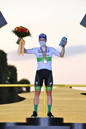 Stage winner, Sam Bennett of Deceuninck - Quick - Step celebrates on the podium of the final stage of the 107th edition of the Tour de France cycling race, 122km from Mantes-la-Jolie to Paris, in France, Sunday 20 September 2020. This year s Tour de France was postponed due to the worldwide Covid-19 pandemic. The 2020 race starts in Nice on Saturday 29 August and ends on 20 September. DAVIDxSTOCKMAN  x2548231x