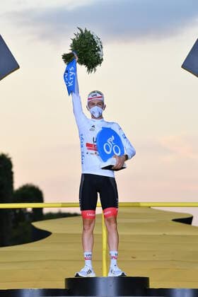 Tadej Pogacar of UAE Team Emirates celebrates in the white jersey for best young rider after the final stage of the 107th edition of the Tour de France cycling race, 122km from Mantes-la-Jolie to Paris, in France, Sunday 20 September 2020. This year s Tour de France was postponed due to the worldwide Covid-19 pandemic. The 2020 race starts in Nice on Saturday 29 August and ends on 20 September. DAVIDxSTOCKMAN  x2548281x