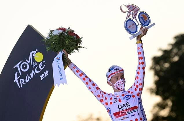 PARIS, FRANCE - SEPTEMBER 20 : POGACAR Tadej (SLO) of UAE TEAM EMIRATES pictured with the polka dot jersey during the podium ceremony during stage 21 of the 107th edition of the 2020 Tour de France cycling race, a stage of 122 kms with start in Mantes-la-Jolie and finish at the Avenue des Champs Elysees in Paris on September 20, 2020 in Paris, France, 20 09 2020 CYCLISME : Tour de France - Etape 21 - Mantes la Jolie a Paris Champs Elysees - 20 09 2020 PhotoNews Panoramic 