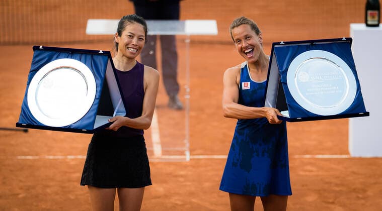 September 20, 2020, Rome, ITALY: Su-Wei Hsieh of Chinese Taipeh & Barbora Strycova of the Czech Republic pose with their champions trophies after winning the doubles final of the 2020 Internazionali BNL d Italia WTA, Tennis Damen Premier 5 tennis tournament Rome ITALY - ZUMAa181 20200920_zaa_a181_093 Copyright: xRobxPrangex