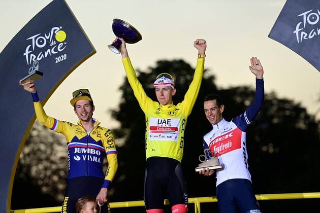 PARIS, FRANCE - SEPTEMBER 20 : ROGLIC Primoz (SLO) of TEAM JUMBO - VISMA, POGACAR Tadej (SLO) of UAE TEAM EMIRATES, PORTE Richie (AUS) of TREK - SEGAFREDO during stage 21 of the 107th edition of the 2020 Tour de France cycling race, a stage of 122 kms with start in Mantes-la-Jolie and finish at the Avenue des Champs Elysees in Paris on September 20, 2020 in Paris, France, 20 09 2020 CYCLISME : Tour de France - Etape 21 - Mantes la Jolie a Paris Champs Elysees - 20 09 2020 PhotoNews Panoramic 