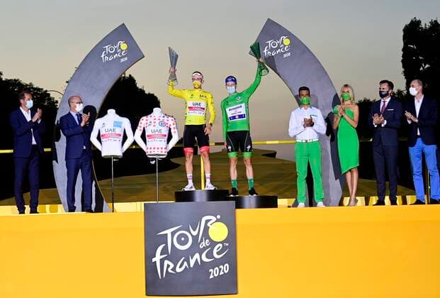 PARIS, FRANCE - SEPTEMBER 20 : POGACAR Tadej (SLO) of UAE TEAM EMIRATES & BENNETT Sam of Deceuninck - Quick Step pictured during the podium ceremony during stage 21 of the 107th edition of the 2020 Tour de France cycling race, a stage of 122 kms with start in Mantes-la-Jolie and finish at the Avenue des Champs Elysees in Paris on September 20, 2020 in Paris, France, 20 09 2020 CYCLISME : Tour de France - Etape 21 - Mantes la Jolie a Paris Champs Elysees - 20 09 2020 PhotoNews Panoramic 