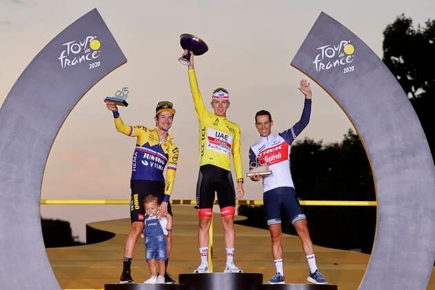 PARIS, FRANCE - SEPTEMBER 20 : ROGLIC Primoz (SLO) of TEAM JUMBO - VISMA, POGACAR Tadej (SLO) of UAE TEAM EMIRATES and PORTE Richie (AUS) of TREK - SEGAFREDO during stage 21 of the 107th edition of the 2020 Tour de France cycling race, a stage of 122 kms with start in Mantes-la-Jolie and finish at the Avenue des Champs Elysees in Paris on September 20, 2020 in Paris, France, 20 09 2020 CYCLISME : Tour de France - Etape 21 - Mantes la Jolie a Paris Champs Elysees - 20 09 2020 PhotoNews Panoramic 
