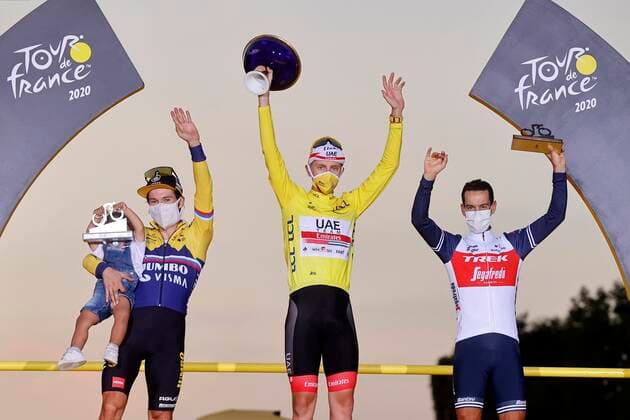 PARIS, FRANCE - SEPTEMBER 20 : ROGLIC Primoz (SLO) of TEAM JUMBO - VISMA, POGACAR Tadej (SLO) of UAE TEAM EMIRATES and PORTE Richie (AUS) of TREK - SEGAFREDO during stage 21 of the 107th edition of the 2020 Tour de France cycling race, a stage of 122 kms with start in Mantes-la-Jolie and finish at the Avenue des Champs Elysees in Paris on September 20, 2020 in Paris, France, 20 09 2020 CYCLISME : Tour de France - Etape 21 - Mantes la Jolie a Paris Champs Elysees - 20 09 2020 PhotoNews Panoramic 