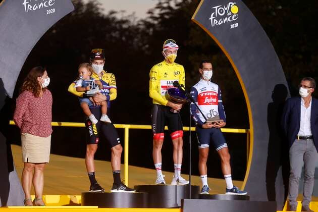 PARIS, FRANCE - SEPTEMBER 20 : ROGLIC Primoz (SLO) of TEAM JUMBO - VISMA, POGACAR Tadej (SLO) of UAE TEAM EMIRATES and PORTE Richie (AUS) of TREK - SEGAFREDO during stage 21 of the 107th edition of the 2020 Tour de France cycling race, a stage of 122 kms with start in Mantes-la-Jolie and finish at the Avenue des Champs Elysees in Paris on September 20, 2020 in Paris, France, 20 09 2020 CYCLISME : Tour de France - Etape 21 - Mantes la Jolie a Paris Champs Elysees - 20 09 2020 PhotoNews Panoramic 