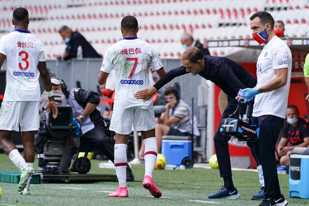 Kylian Mbappe (PSG) - Thomas Tuchel (entraineur du PSG) FOOTBALL : OGC Nice vs PSG - Ligue 1 Uber Eat - Nice - 20 09 2020 NorbertScanella PanoramiC 