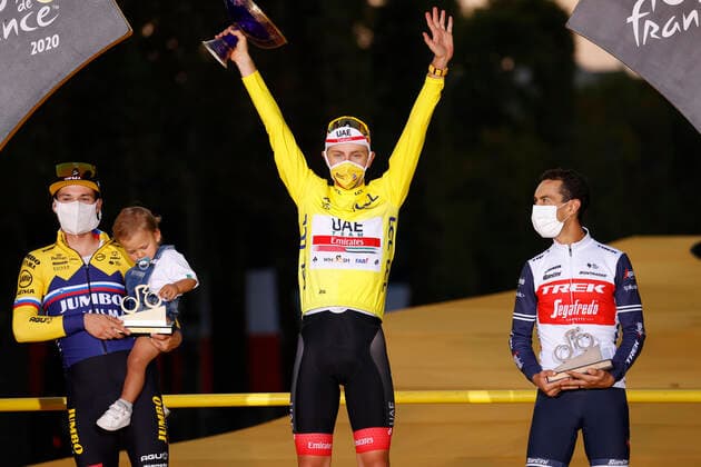 20-09-2020 Tour De France; Tappa 21 Mantes La Jolie - Paris; 2020, Uae - Emirates; 2020, Jumbo - Visma; 2020, Trek - Segafredo; Pogacar, Tadej; Roglic, Primoz; Porte, Richie; Figlio, Roglic Primoz; Paris; 