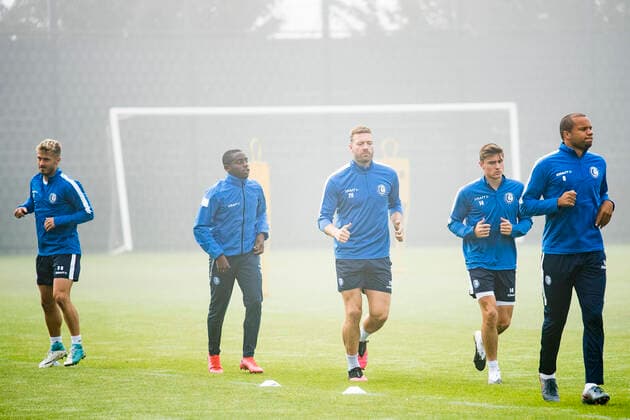 Gent s Niklas Bernd Dorsch, Gent s Dylan Mbayo, Gent s Laurent Depoitre, Gent s Alessio Castro Montes and Gent s Vadis Odjidja-Ofoe pictured in action during a training of Belgian soccer club KAA Gent, Tuesday 22 September 2020, in Gent. Tomorrow Gent will meet Ukrainian club Dynamo Kyiv in the play-offs of the UEFA Champions League. JASPERxJACOBS  x2549003x