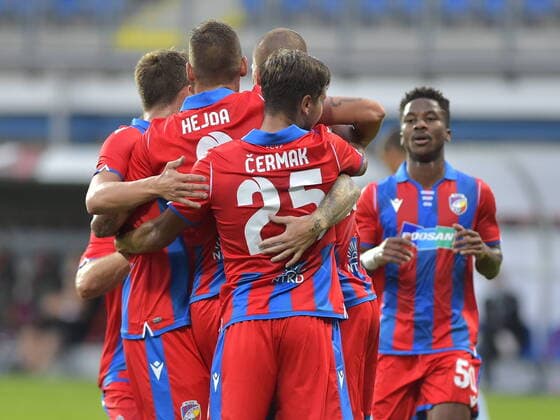 Soccer players of Viktoria Plzen celebrate a goal during the match of Football Champions League playoff round, 1st leg: Viktoria Plzen vs Sonderjyske in Pilsen, Czech Republic, Semptember 24, 2020. (CTKxPhoto MiroslavxChaloupka) CTKPhotoP202009241045901 _CHA1608