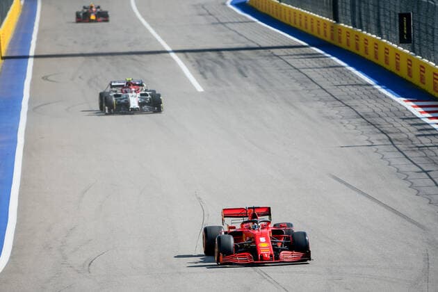 SOCHI, RUSSIA - SEPTEMBER 25, 2020: Scuderia Ferrari F1 Team driver Sebastian Vettel (front) takes part in a free practice session before the 2020 Formula One Russian Grand Prix race at the Sochi Autodrom racing circuit. Dmitry Feoktistov TASS  TS0E85F5