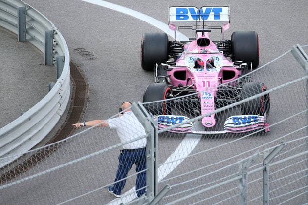 SOCHI, RUSSIA - SEPTEMBER 26, 2020: Racing Point F1 team driver Sergio Perez of Mexico competes in the qualifying session for the 2020 Formula One Russian Grand Prix at the Sochi Autodrom racing circuit. Dmitry Feoktistov TASS  TS0E8919
