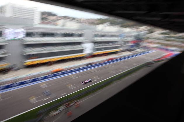 SOCHI, RUSSIA - SEPTEMBER 26, 2020: Racing Point F1 team driver Sergio Perez of Mexico competes in the qualifying session for the 2020 Formula One Russian Grand Prix at the Sochi Autodrom racing circuit. Dmitry Feoktistov TASS  TS0E8924