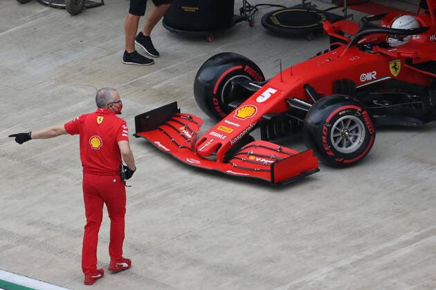 SOCHI, RUSSIA - SEPTEMBER 26, 2020: Scuderia Ferrari F1 team driver Sebastian Vettel of Germany is seen in a pit box during the qualifying session for the 2020 Formula One Russian Grand Prix at the Sochi Autodrom racing circuit. Dmitry Feoktistov TASS  TS0E894A