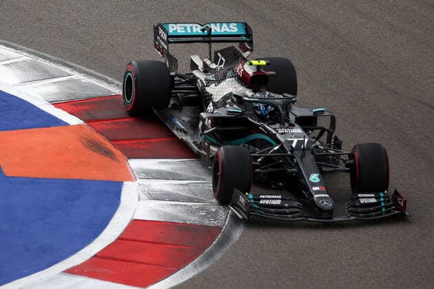 SOCHI, RUSSIA - SEPTEMBER 26, 2020: Mercedes F1 team driver Valtteri Bottas of Finland competes in the qualifying session for the 2020 Formula One Russian Grand Prix at the Sochi Autodrom racing circuit. Dmitry Feoktistov TASS  TS0E894D