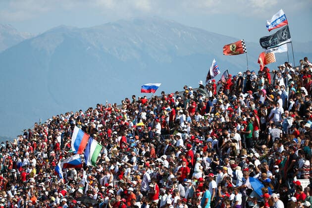 SOCHI, RUSSIA - SEPTEMBER 27, 2020: Spectators ahead of the race at the 2020 Formula One Russian Grand Prix at the Sochi Autodrom racing circuit. Dmitry Feoktistov TASS  TS0E89D3