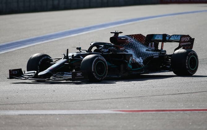SOCHI, RUSSIA - SEPTEMBER 27, 2020: Mercedes-AMG Petronas F1 team driver Lewis Hamilton of the United Kingdom competes in the 2020 Formula One Russian Grand Prix at the Sochi Autodrom racing circuit. Dmitry Feoktistov TASS  TS0E8A09
