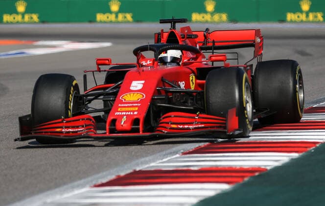 SOCHI, RUSSIA - SEPTEMBER 27, 2020: Scuderia Ferrari F1 team driver Sebastian Vettel of Germany competes in the 2020 Formula One Russian Grand Prix at the Sochi Autodrom racing circuit. Dmitry Feoktistov TASS  TS0E8A0A