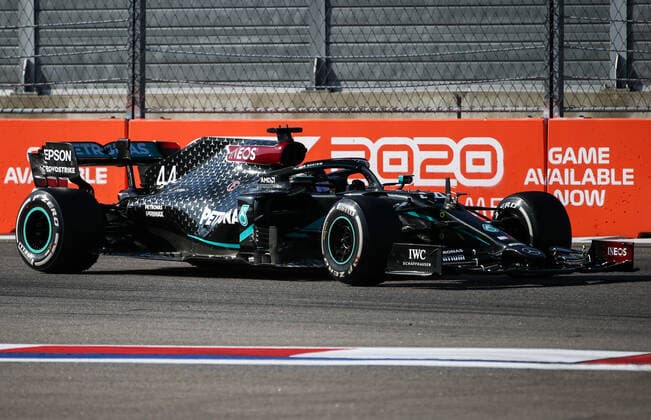 SOCHI, RUSSIA - SEPTEMBER 27, 2020: Mercedes-AMG Petronas F1 team driver Lewis Hamilton of the United Kingdom competes in the 2020 Formula One Russian Grand Prix at the Sochi Autodrom racing circuit. Dmitry Feoktistov TASS  TS0E8A19