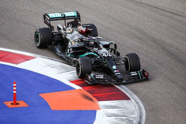 SOCHI, RUSSIA - SEPTEMBER 27, 2020: Mercedes-AMG Petronas F1 team driver Lewis Hamilton of the United Kingdom competes in the 2020 Formula One Russian Grand Prix at the Sochi Autodrom racing circuit. Dmitry Feoktistov TASS  TS0E8A27