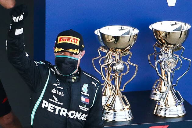 SOCHI, RUSSIA - SEPTEMBER 27, 2020: Mercedes-AMG Petronas F1 team driver Valtteri Bottas of Finland, the winner, at an award ceremony after the race at the 2020 Formula One Russian Grand Prix at the Sochi Autodrom racing circuit. Dmitry Feoktistov TASS  TS0E8A4A
