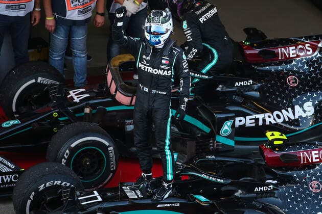 SOCHI, RUSSIA - SEPTEMBER 27, 2020: Mercedes-AMG Petronas F1 team driver Valtteri Bottas of Finland, the winner, after the race at the 2020 Formula One Russian Grand Prix at the Sochi Autodrom racing circuit. Dmitry Feoktistov TASS  TS0E8A7E
