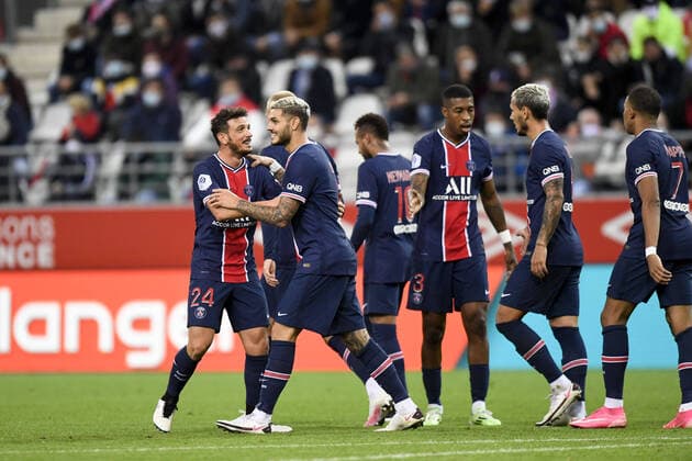 JOIE - FAIR PLAY - 09 Mauro ICARDI (psg) - 24 Alessandro FLORENZI (psg) FOOTBALL : Reims vs Paris SG - Ligue 1 Uber Eats - 27 09 2020 FEP Panoramic 