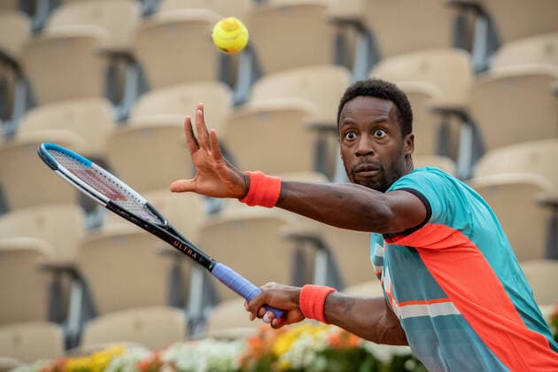 (200929) -- PARIS, Sept. 29, 2020 -- Gael Monfils returns a shot during the men s singles first round match between Gael Monfils of France and Alexander Bublik of Kazakhstan at French Open tennis tournament 2020 at Roland Garros in Paris, France, Sept. 28, 2020. (Photo by Xinhua) (SP)FRANCE-PARIS-TENNIS-ROLAND GARROS-FRENCH OPEN-DAY 2 AurelienxMorissard 