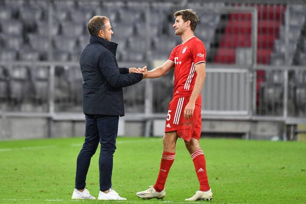 Hans Dieter Flick Hansi ,Trainer Bayern Muenchen with Thomas MUELLER MÜLLER,Bayern Muenchen after the end of the game Football 1 Bundesliga Season 2020 2021,3 Matchday,Matchday03, FC Bayern Muenchen M Hertha BSC Berlin B 4 3, on 04 10 2020 A L L I A N Z ARENA, DFL REGULATIONS PROHIBIT ANY USE OF PHOTOGRAPHS AS IMAGE SEQUENCES AND OR QUASI VIDEO EDITORIAL USE ONLY Â
